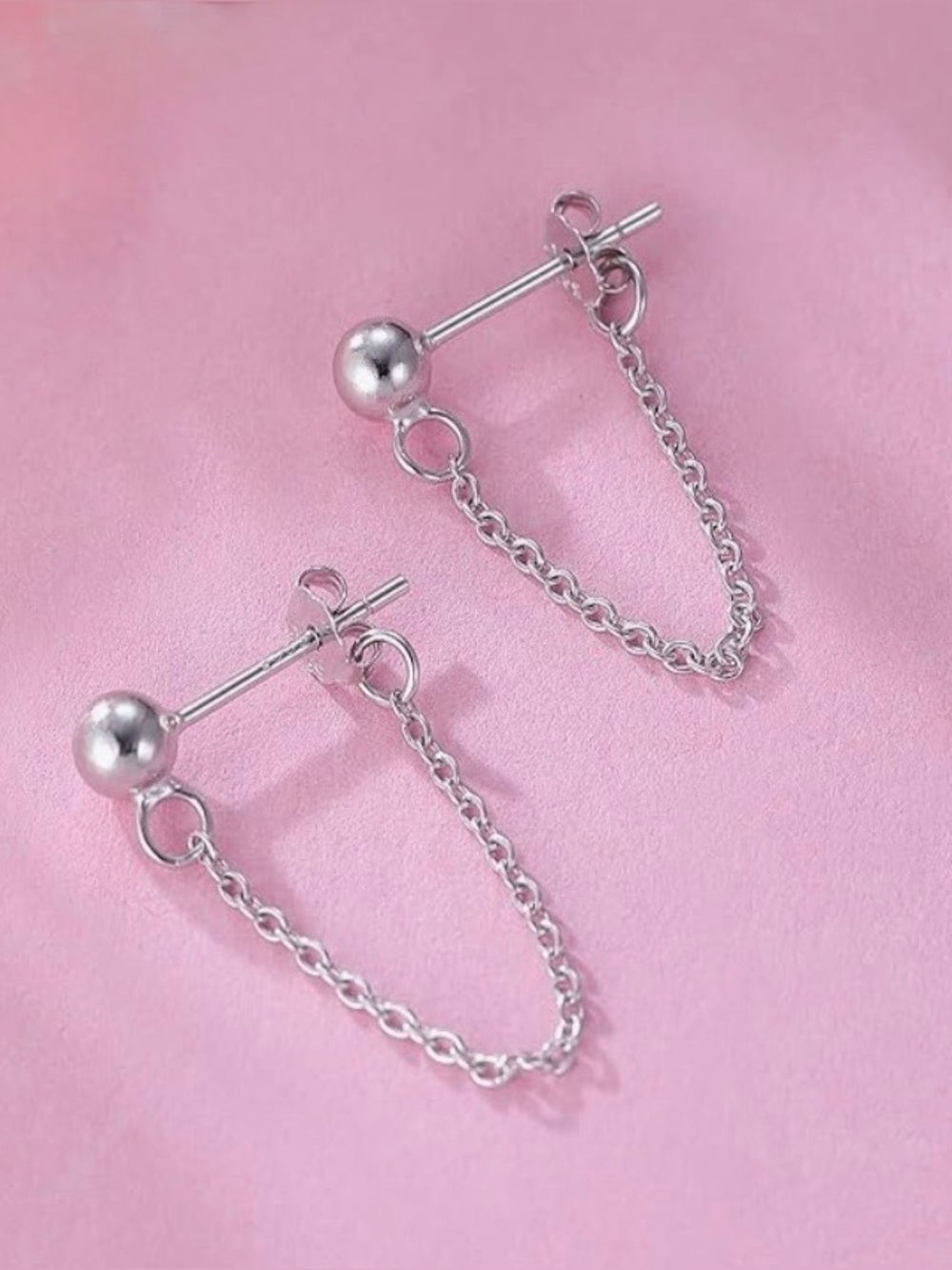 Silver Chain Drop Ball Stud Earrings